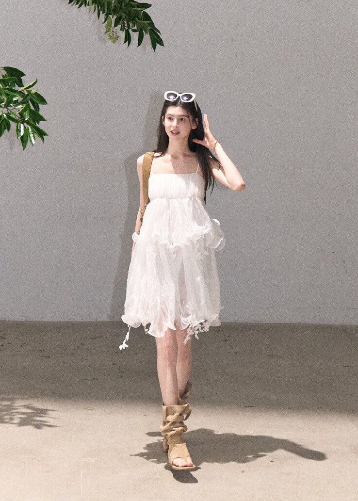White lace cami dress with layered texture