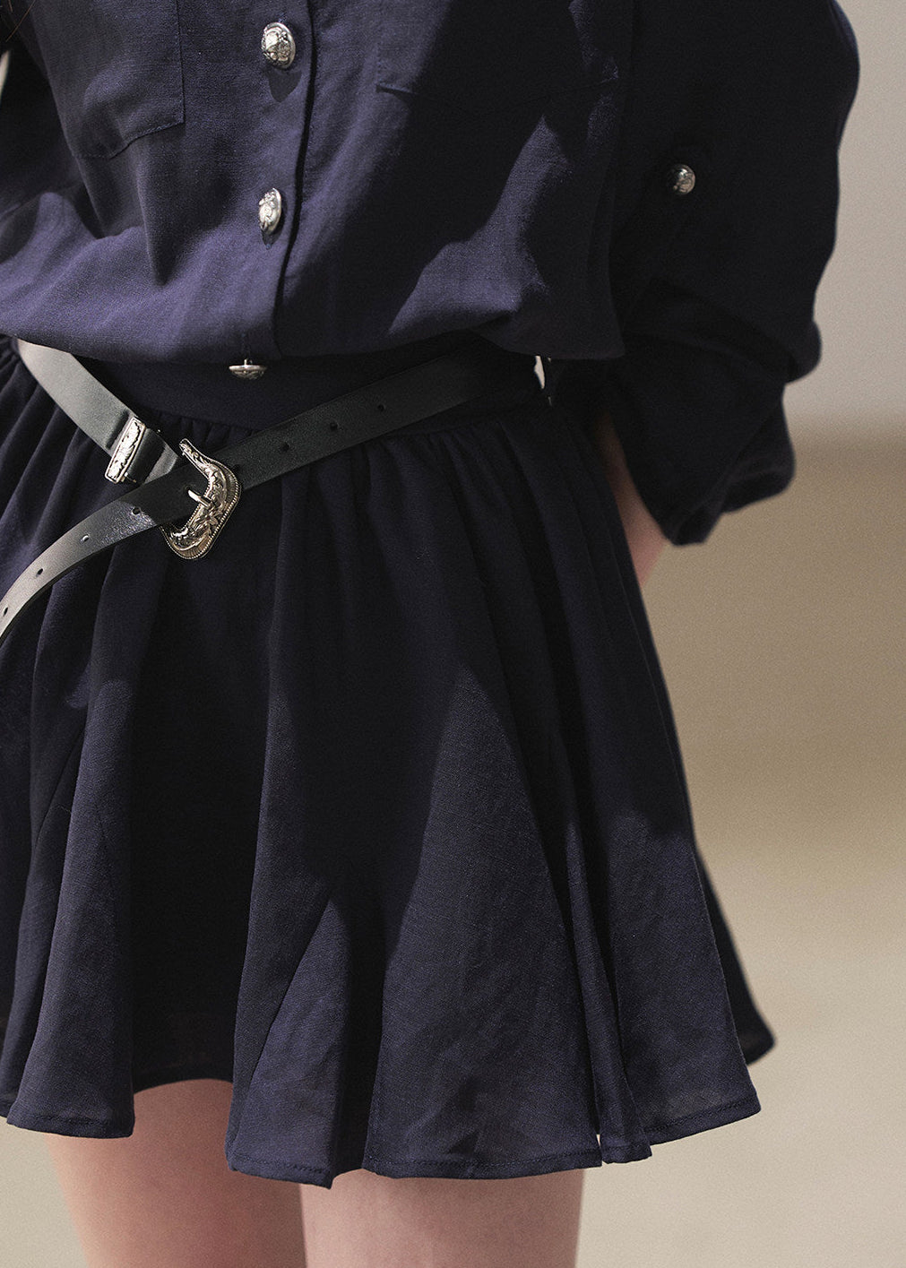 Feminine puff skirt shirt dress in white and navy