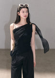 Black asymmetrical draped tank top with one-shoulder detail