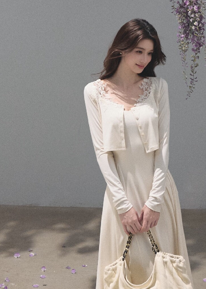 Soft mist beige cropped cardigan with delicate lace neckline detailing