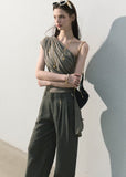 Slim fit white shoulder drape top with layered shawl silhouette