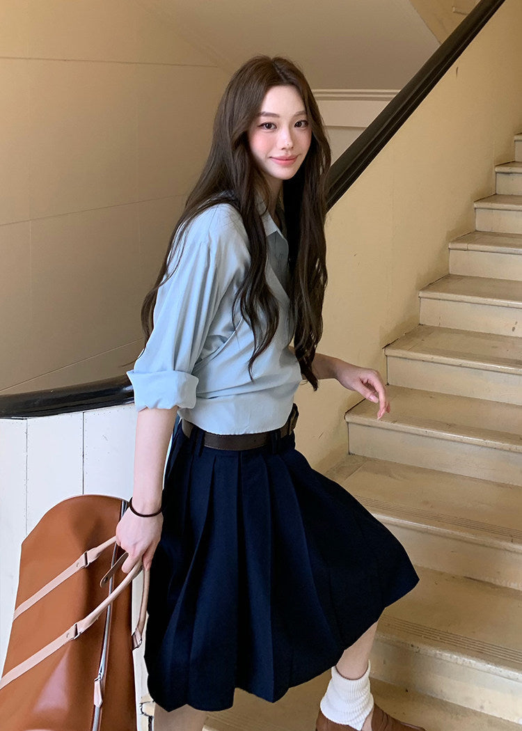 Korean-style blue button-up shirt with a coordinating draped layer