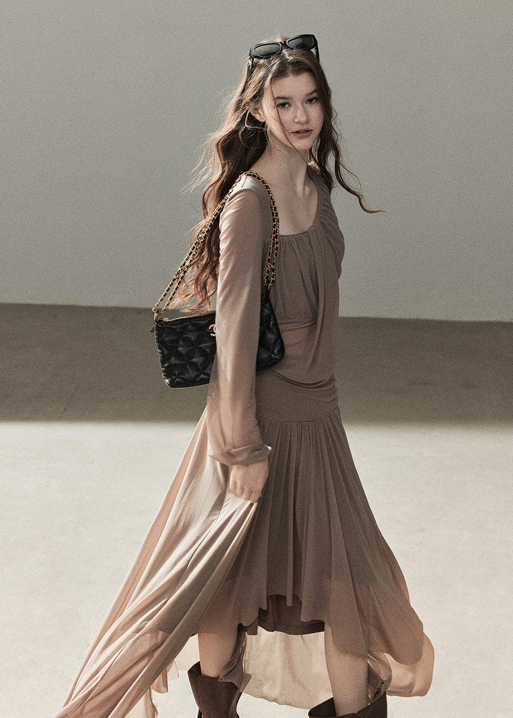 Draped taupe top and maxi skirt two-piece set