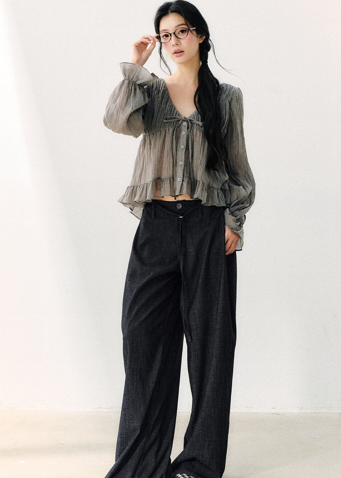Washed-look wide-leg trousers with deep front pleats