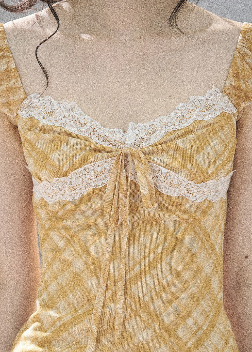Golden yellow pencil mini dress with delicate lace detailing