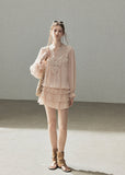 Romantic pink chiffon set with an intricate floral lace neckline