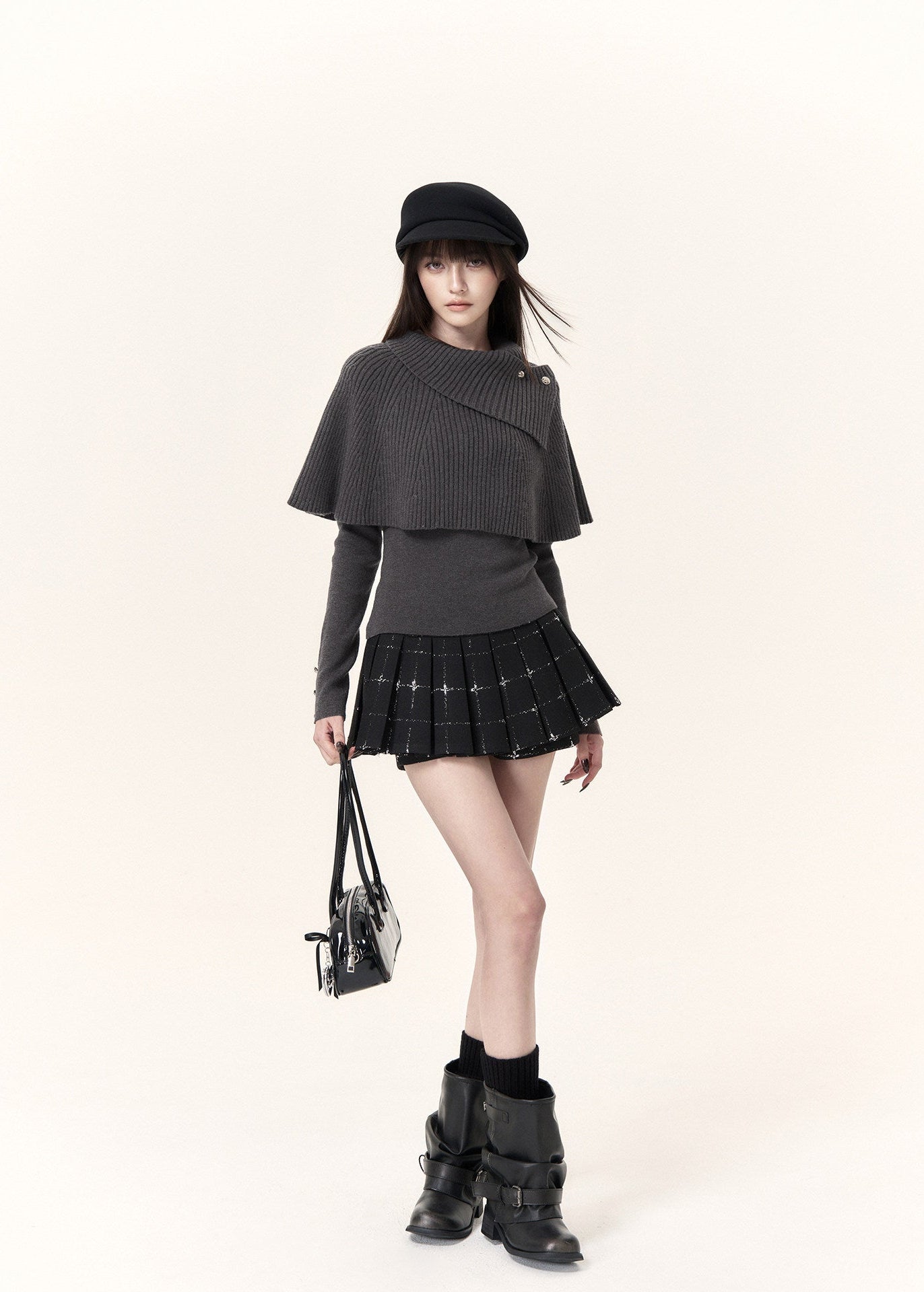 Grey asymmetric button-detail cape knit top with slim waist silhouette