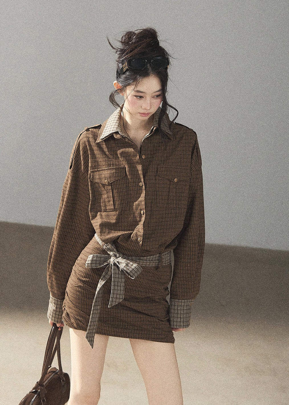 Soft academic plaid mini dress with long sleeves