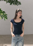 Navy U-neck fitted tee with short sleeves