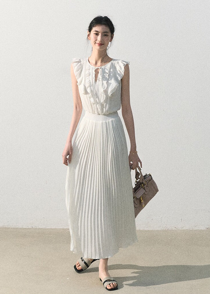 White ruffle pleated dress with a softly defined waist