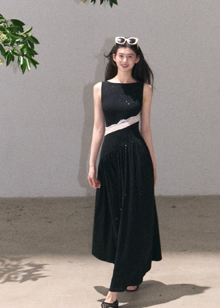 Black sleeveless maxi dress with delicate lace cutout