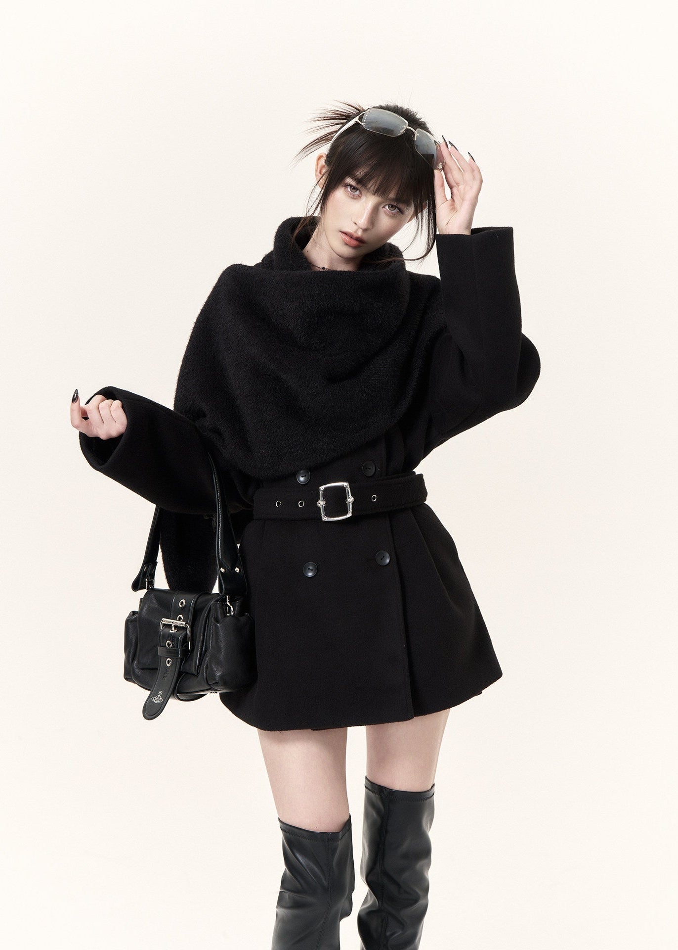 Women's black short coat with oversized draped scarf and buckle belt