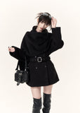 Women's black short coat with oversized draped scarf and buckle belt
