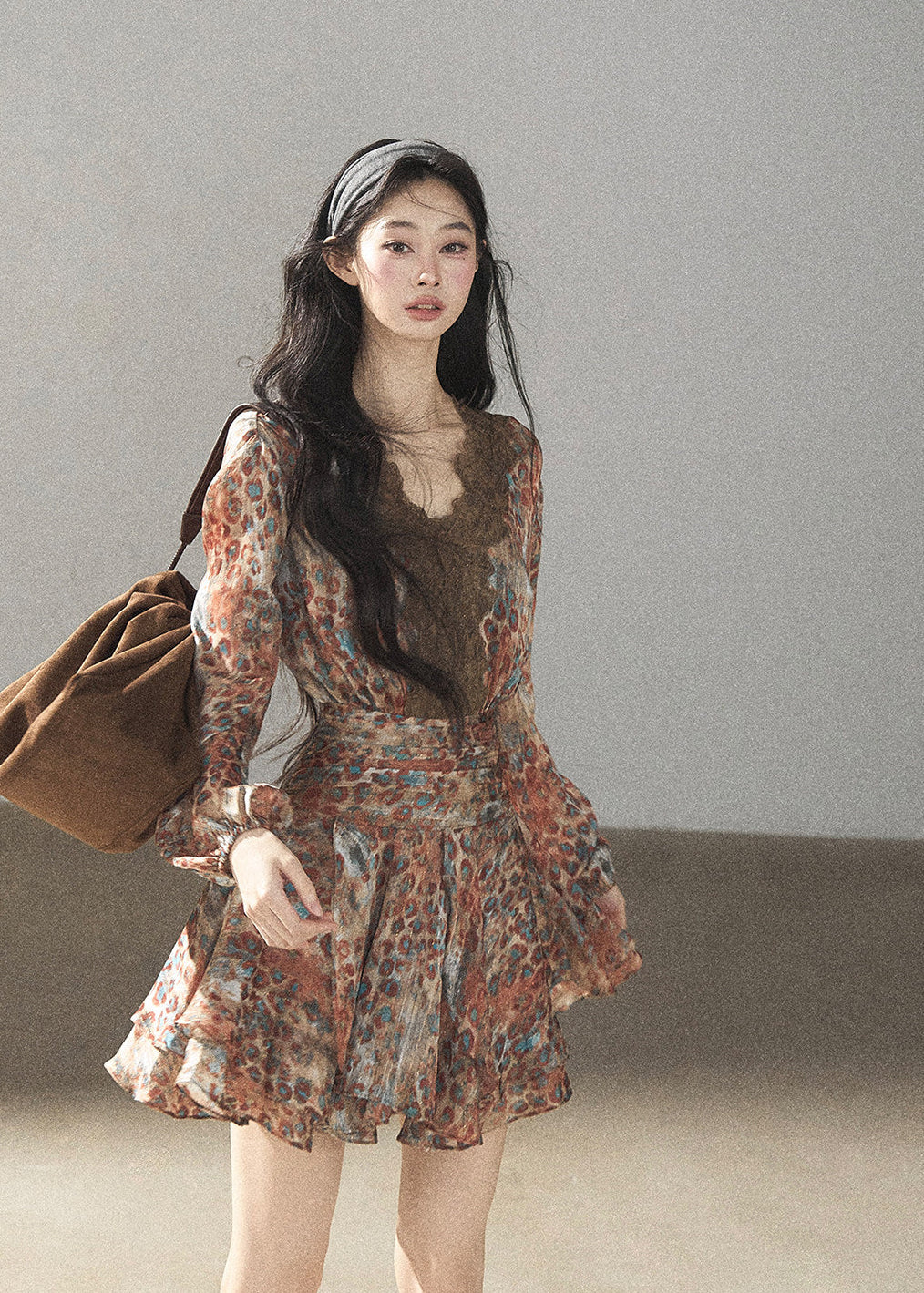 Long sleeve floral mini dress with romantic silhouette