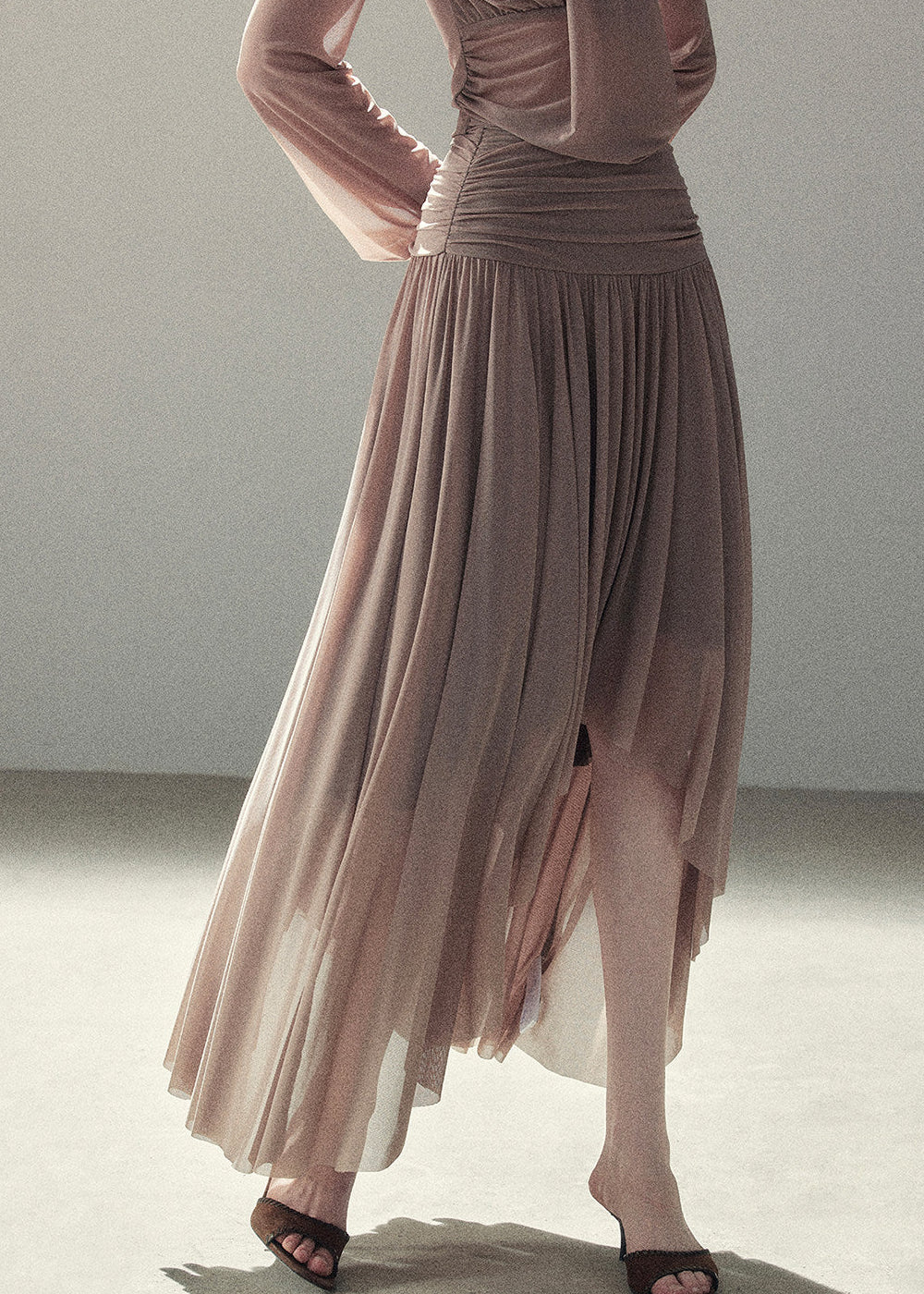 Draped taupe top and maxi skirt two-piece set