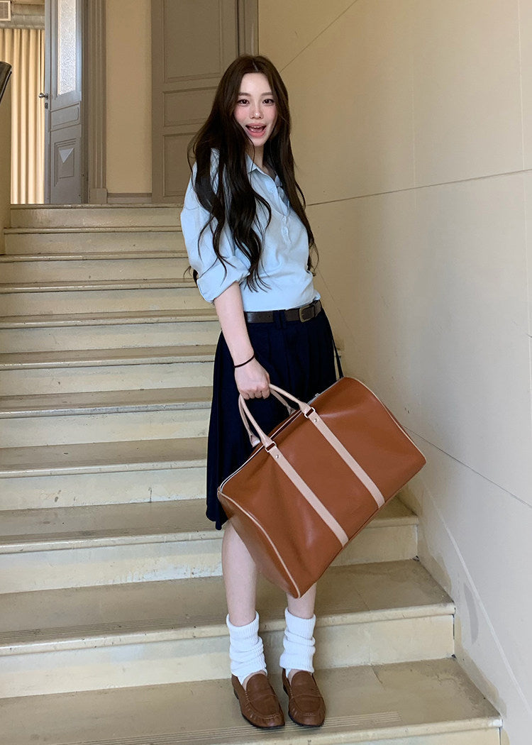 Korean-style blue button-up shirt with a coordinating draped layer