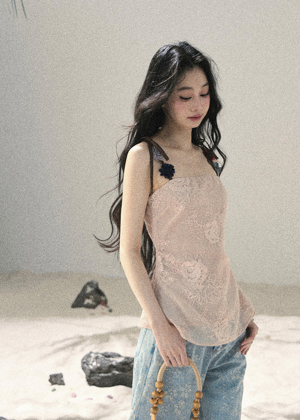 Romantic sheer woven strap top in soft pink