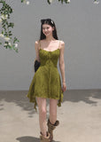 Romantic mini dress with delicate straps and flowing handkerchief hem