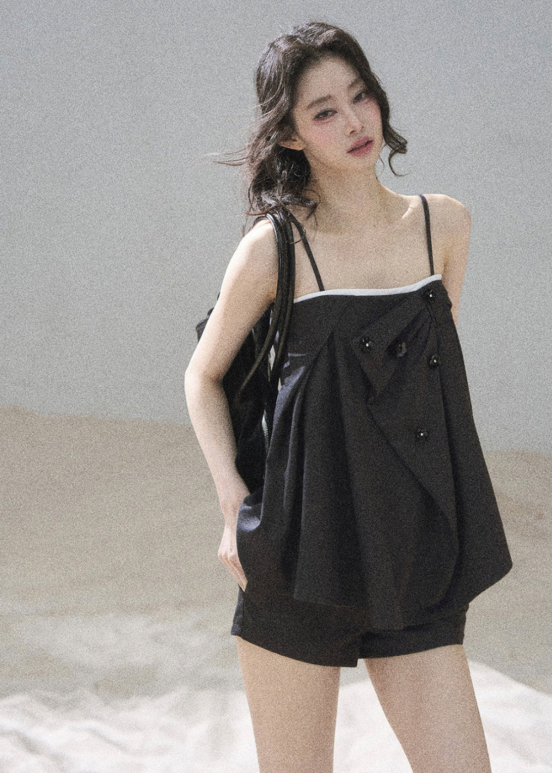 Embellished black cami top and fitted shorts two-piece set