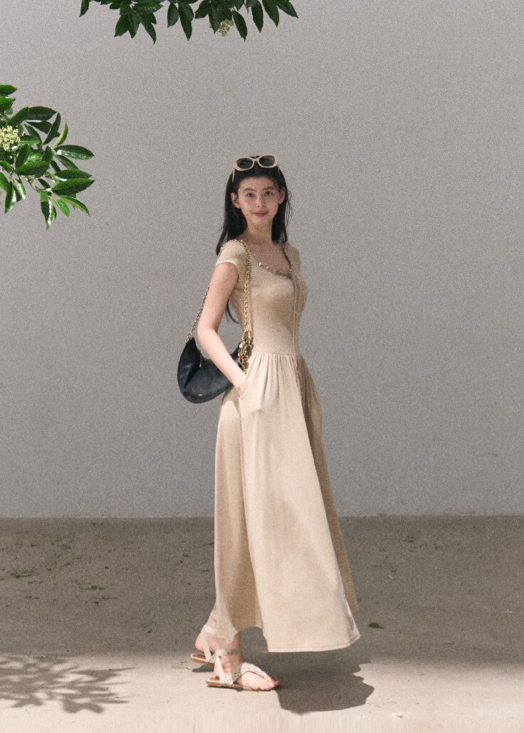 Flowing knit-like maxi dress in warm beige