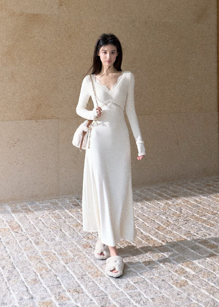 Women's cream A-line knit dress with fitted waist and lace neckline