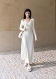 Women's cream A-line knit dress with fitted waist and lace neckline