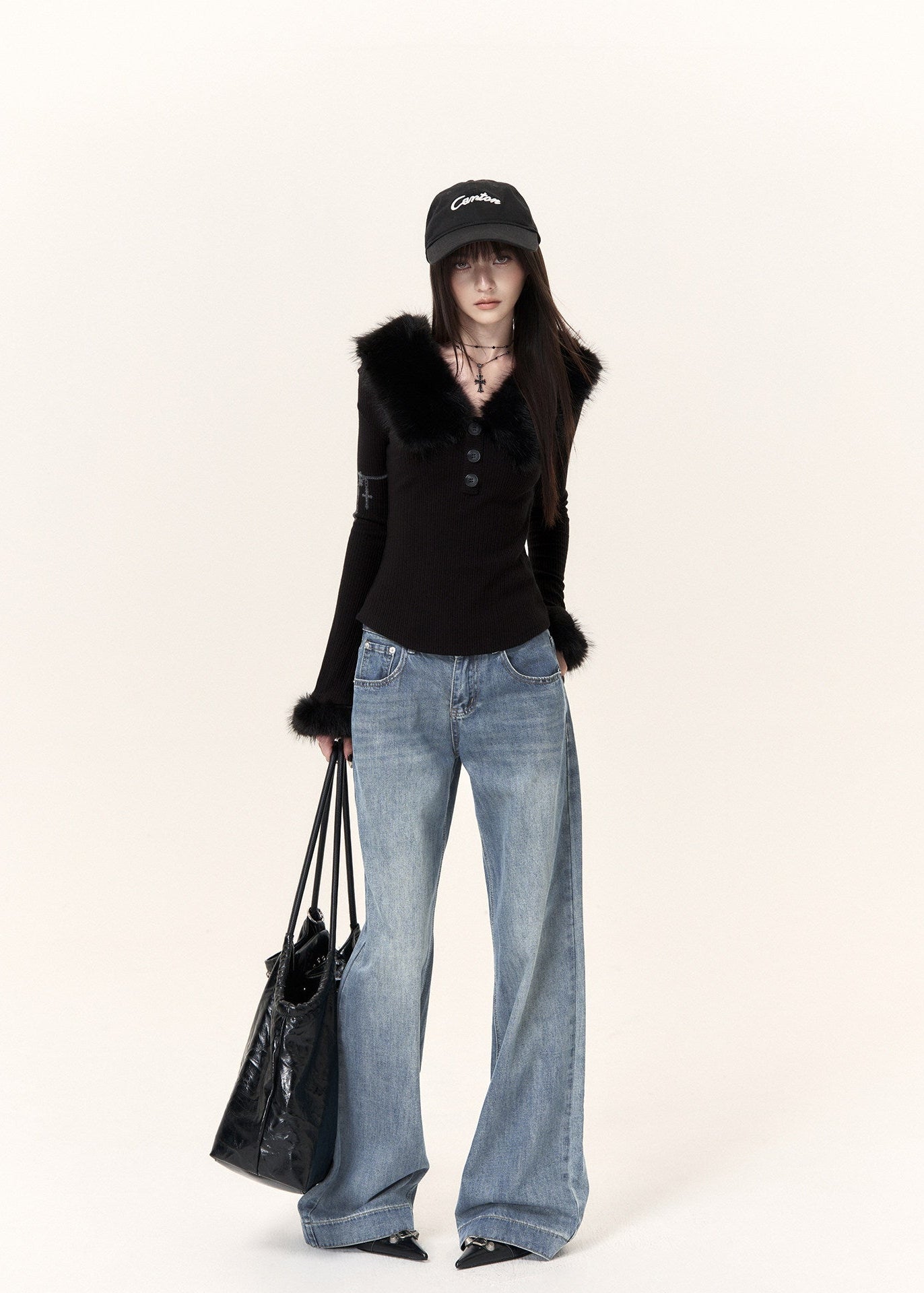 Black faux fur trim knit top and mini skirt two-piece set