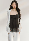 Women’s white cardigan and striped-hem camisole set