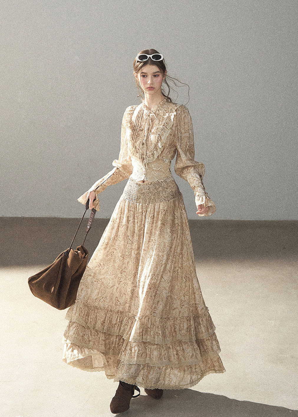 Romantic lace top and long skirt two-piece set