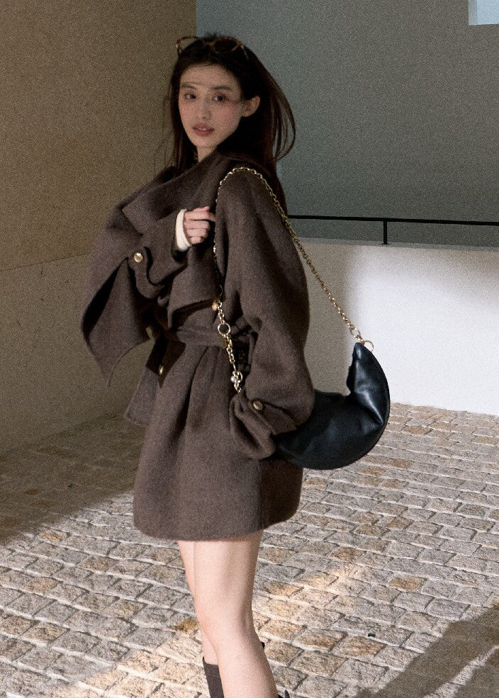 OAKMOO scarf collar wool wrap coat in brown – women's Korean fashion
