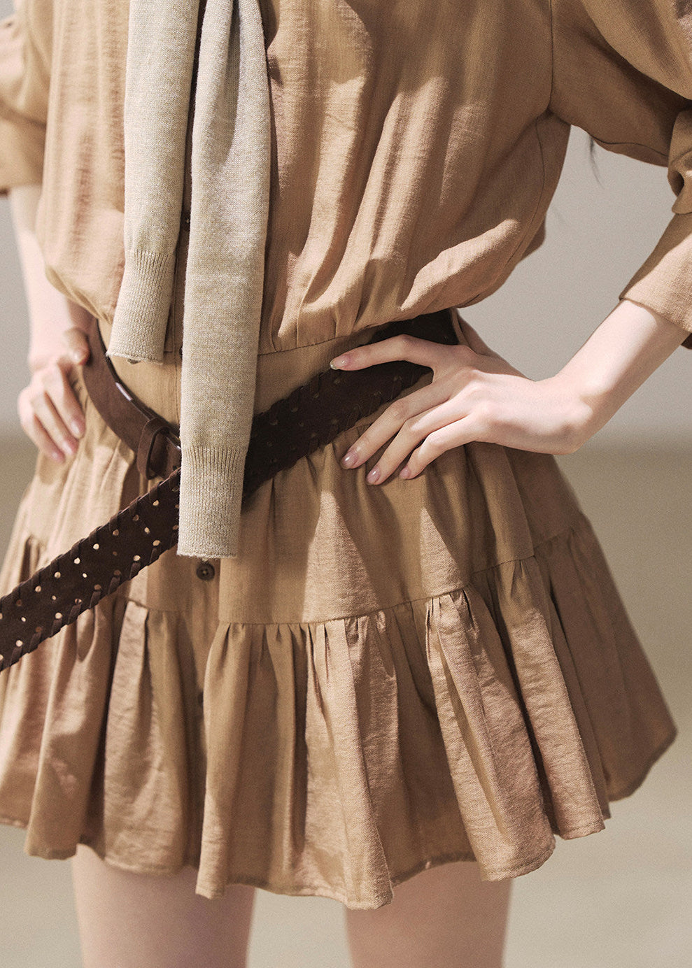 Golden beige lapel dress set with inner shorts