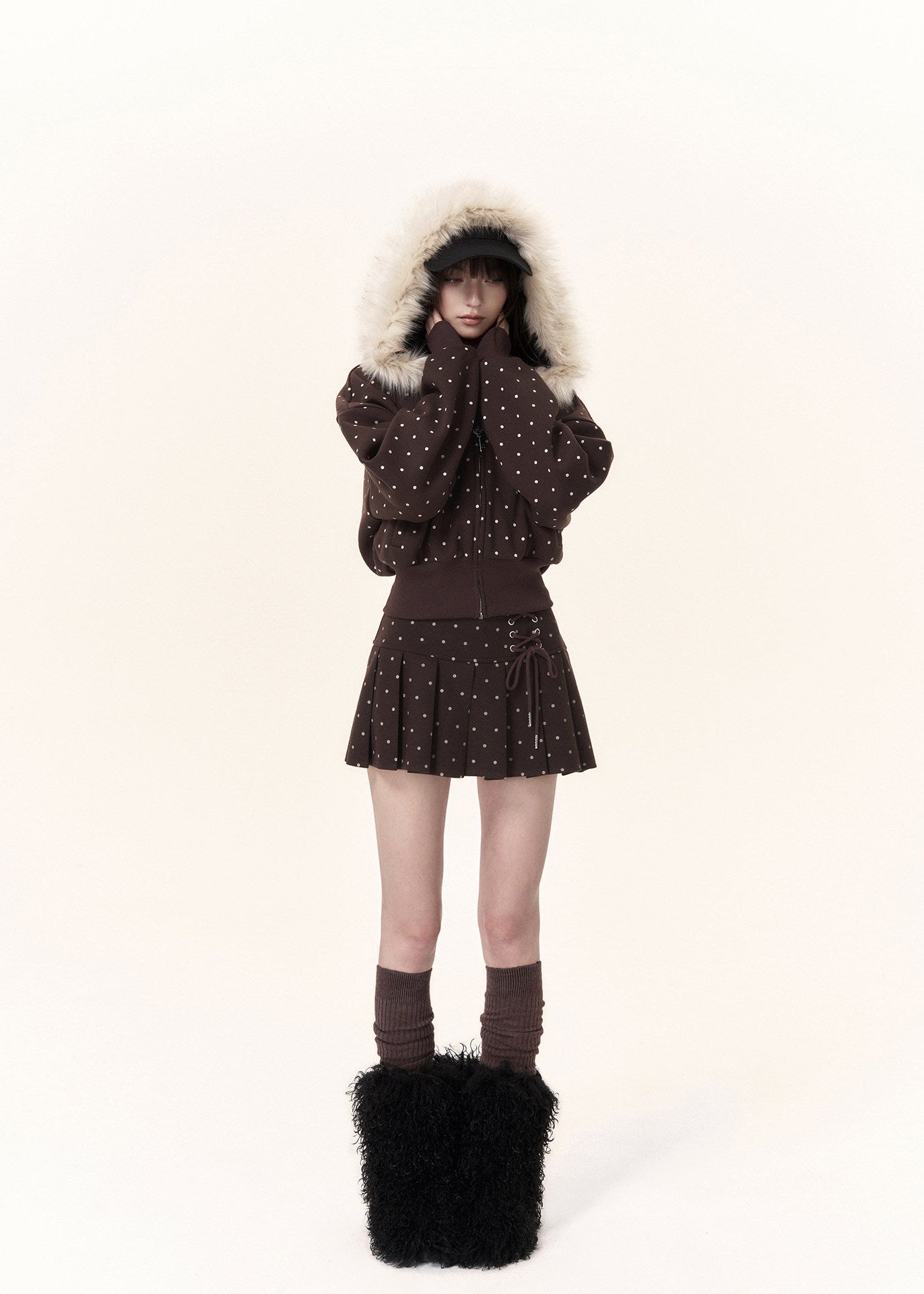 brown zip front autumn winter jacket with soft fur hood