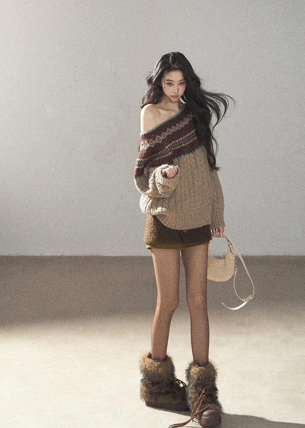 Beige Fair Isle off-shoulder cable knit sweater with multicolor jacquard pattern