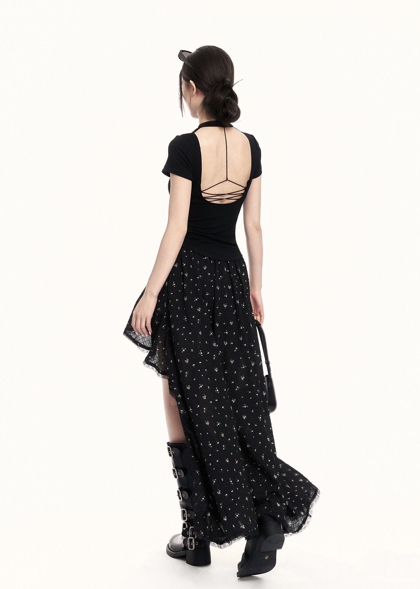 Black high-low ruffle skirt with a sheer layered hem