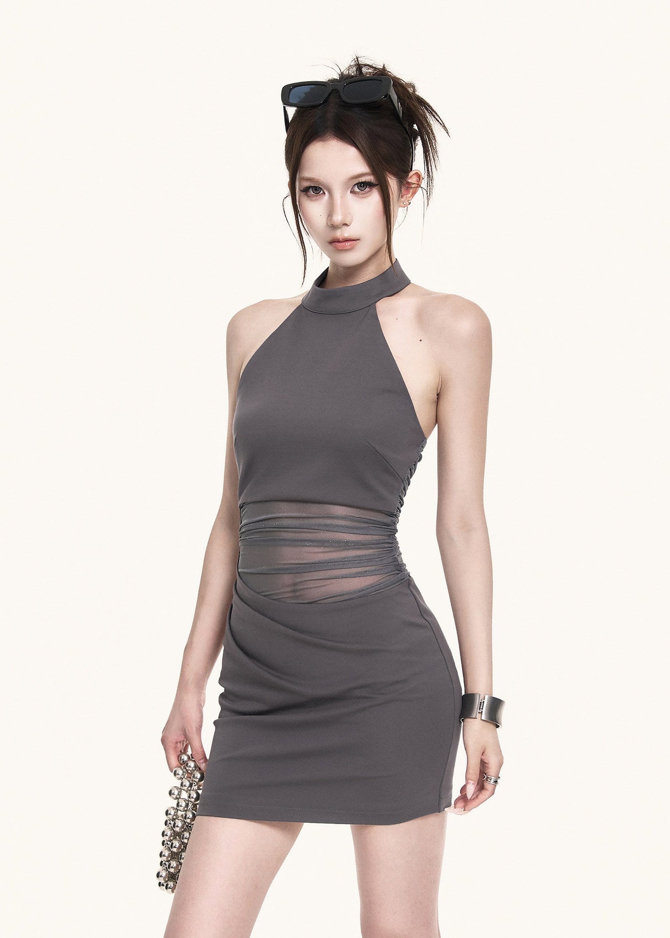 Grey slim-fit mini dress with sheer mesh cutout detail