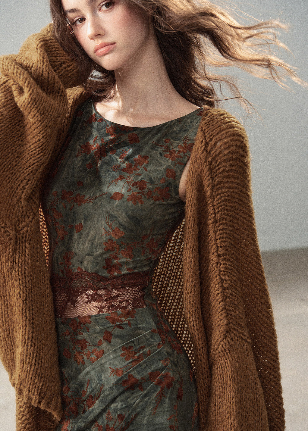 Green and rust floral print long dress with lace cutout detail