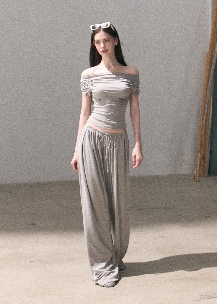 Deep navy off-shoulder top and wide-leg pants set