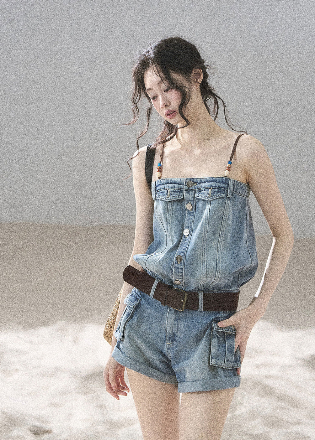 Light blue denim one-piece outfit for summer