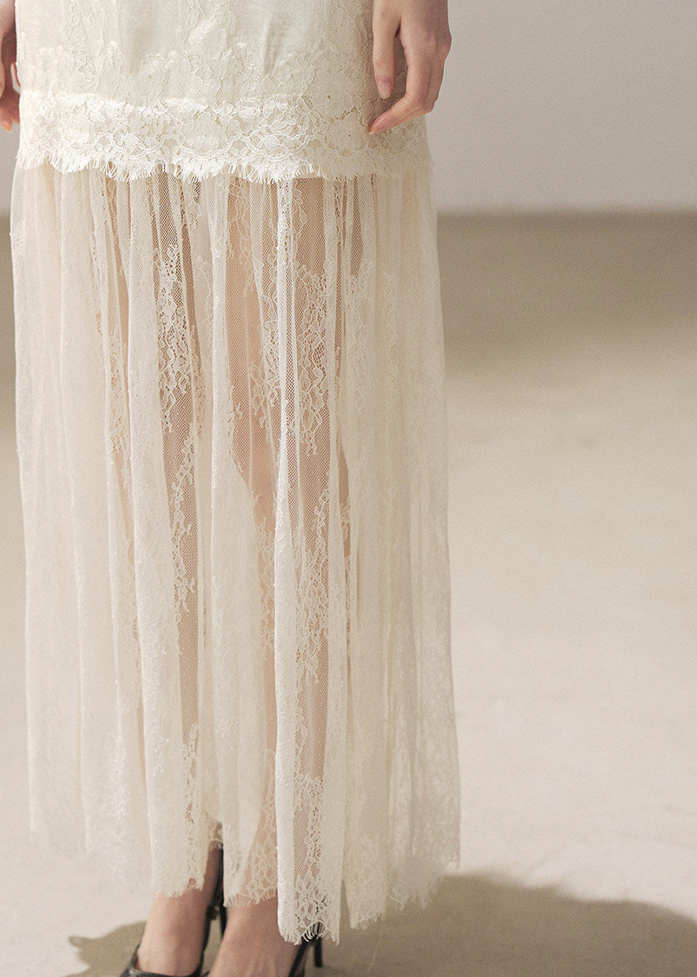 Lace slip dress with sheer cover-up set in pear white