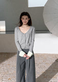 Women's wool blend deep U-neck cardigan with contrast cotton cuffs