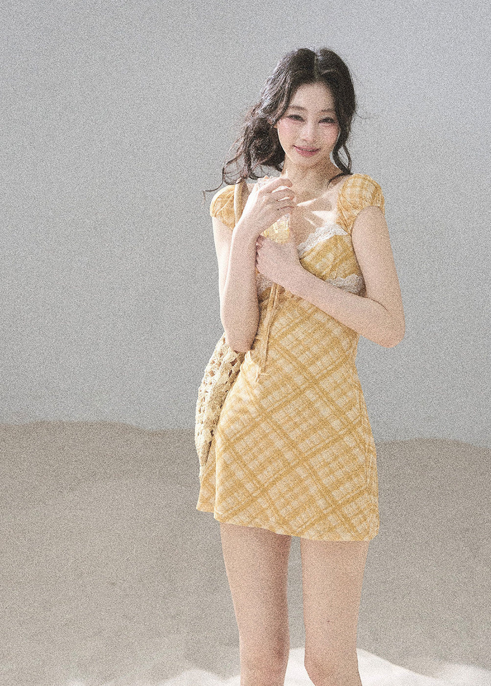 Romantic golden check mini dress with jewel-style accents