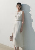 White ruffle pleated dress with a softly defined waist