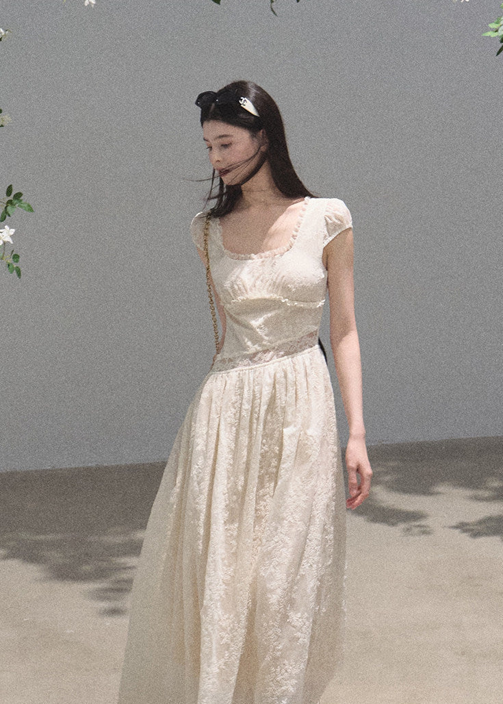 Feminine lace inset dress in cream tone