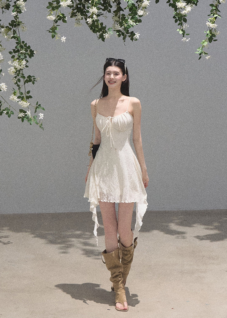 Soft cream jacquard mini dress with feminine fairy-inspired fit