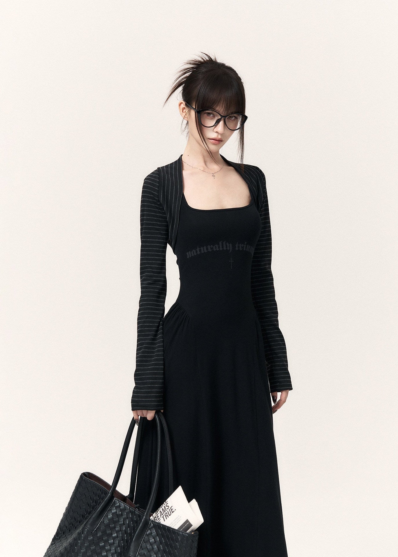 Women’s black fitted maxi dress and striped outer-layer set
