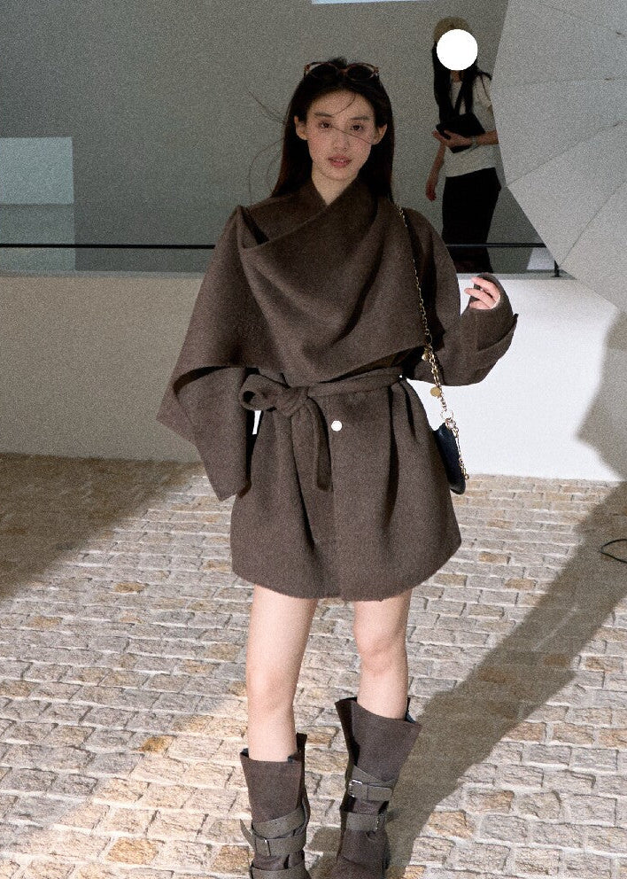 Oversized double-faced wool coat with statement scarf collar
