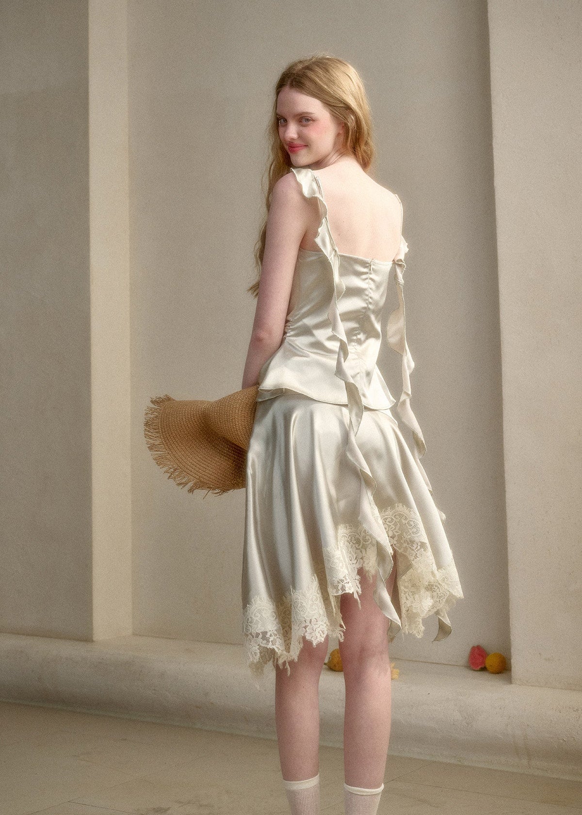 Soft sheen satin cami and skirt set in pearl tone