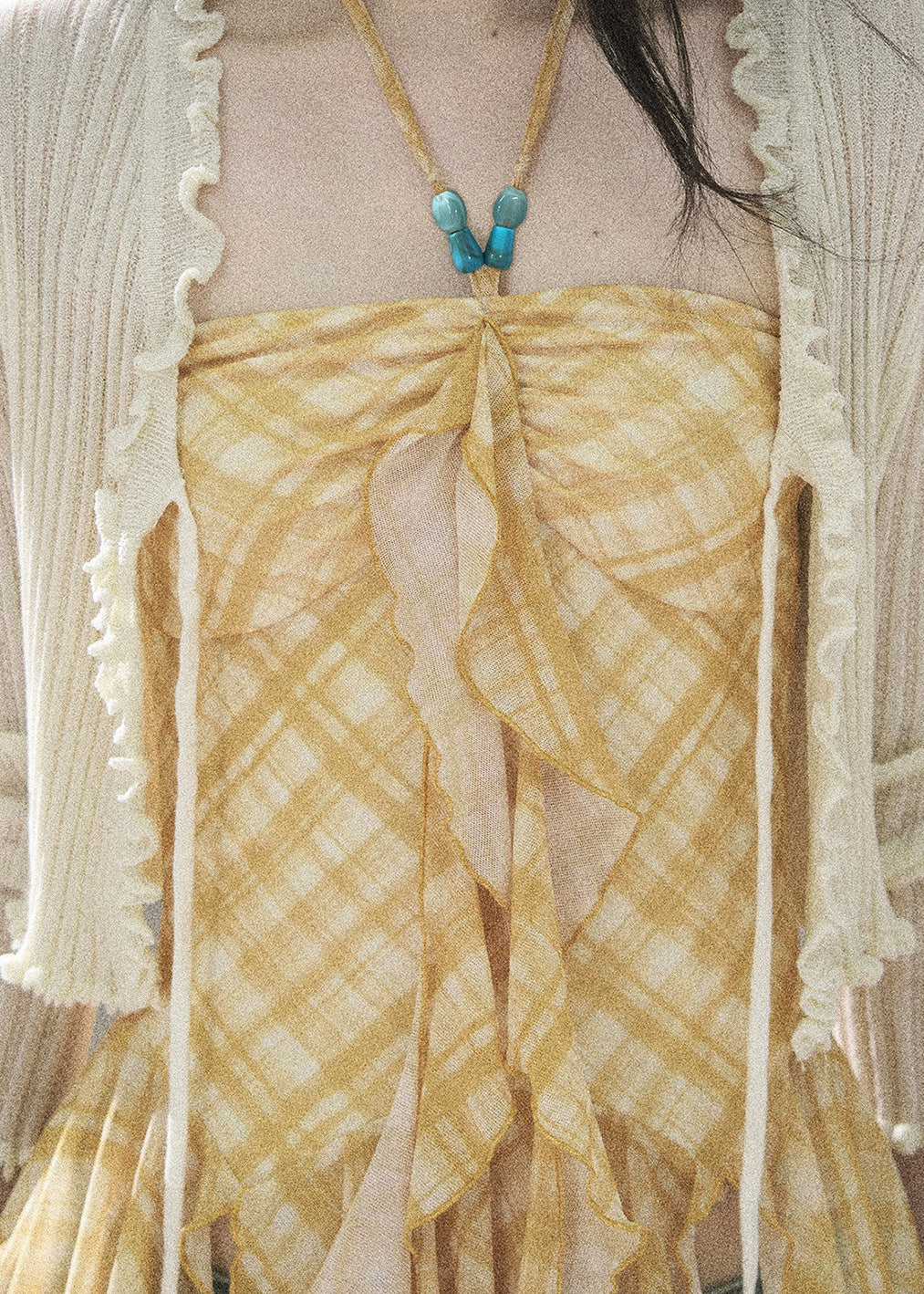 Asymmetric yellow cami top with soft ruching and ruffles