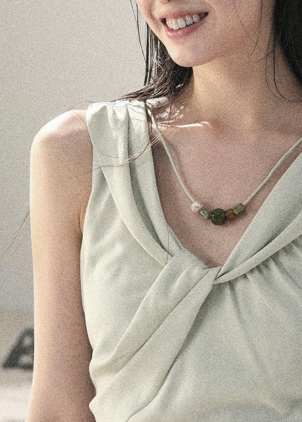 Romantic sage dress styled for a seaside vacation