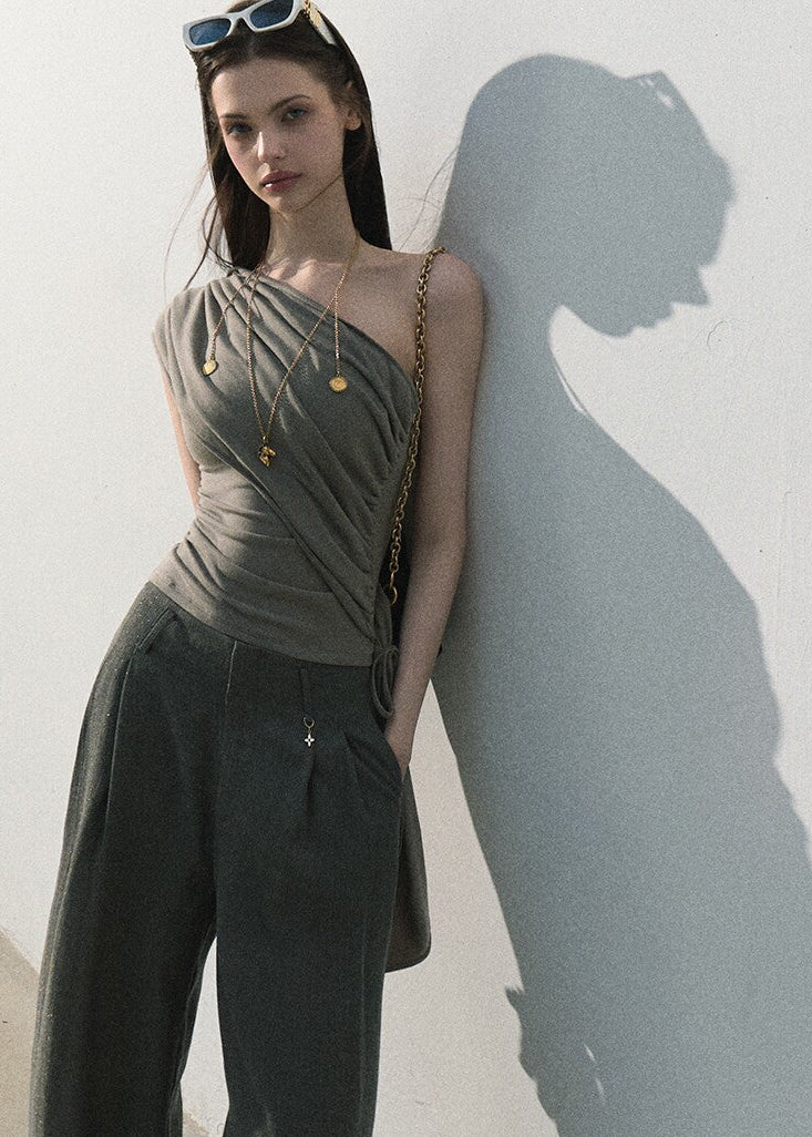 High waist flowy wide leg trousers in muted olive grey